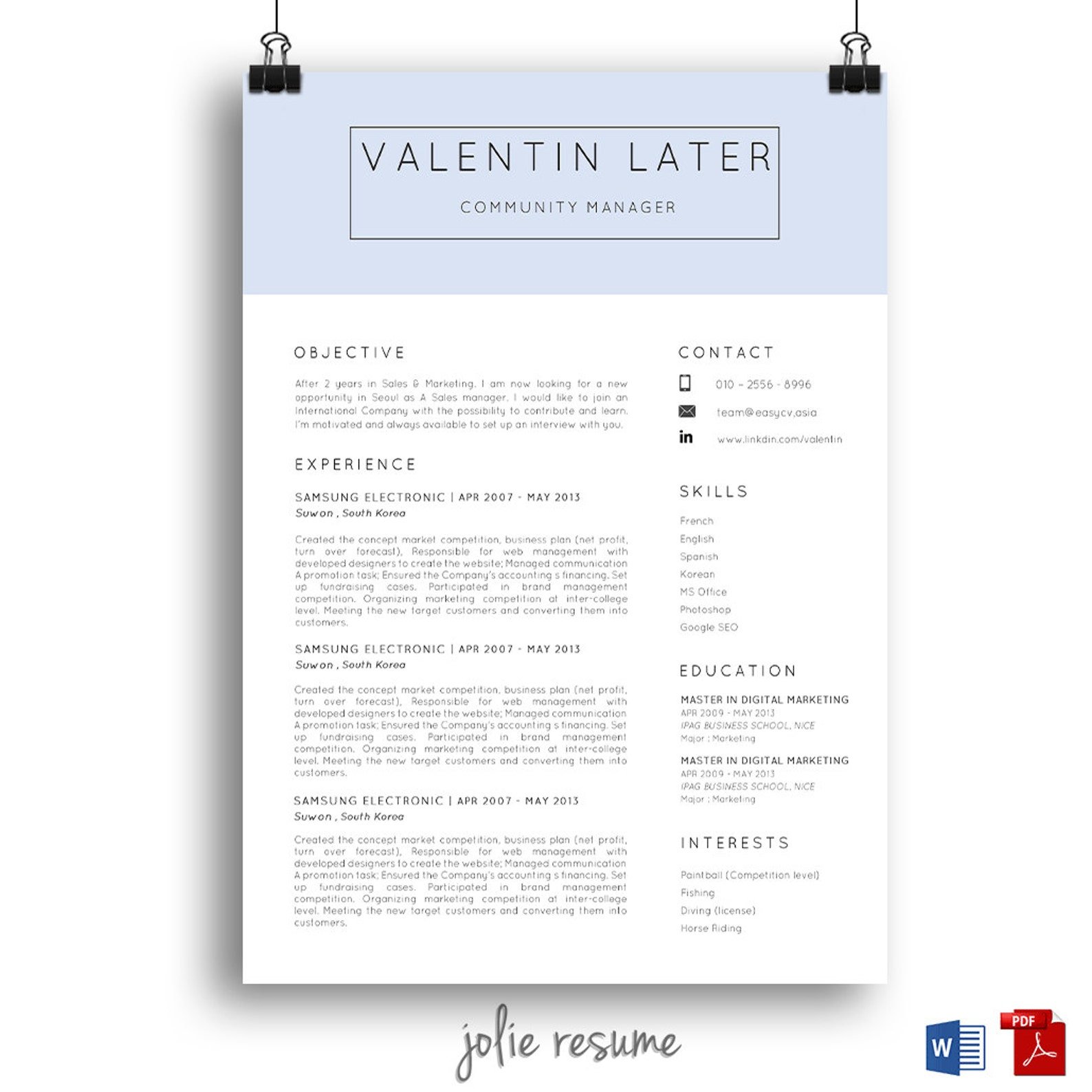 Resume Template VALENTIN MS Word Easy to Edit