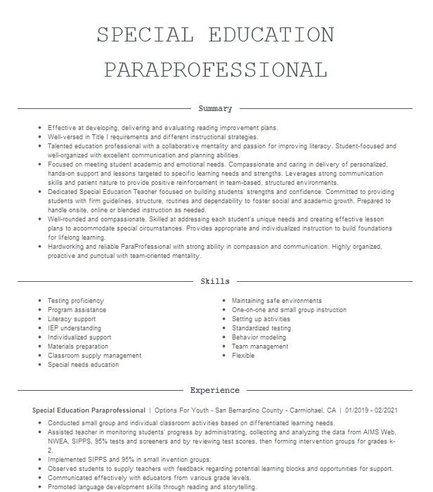 Rochelle Wallace: Special Education Paraprofessional Job Description Resume