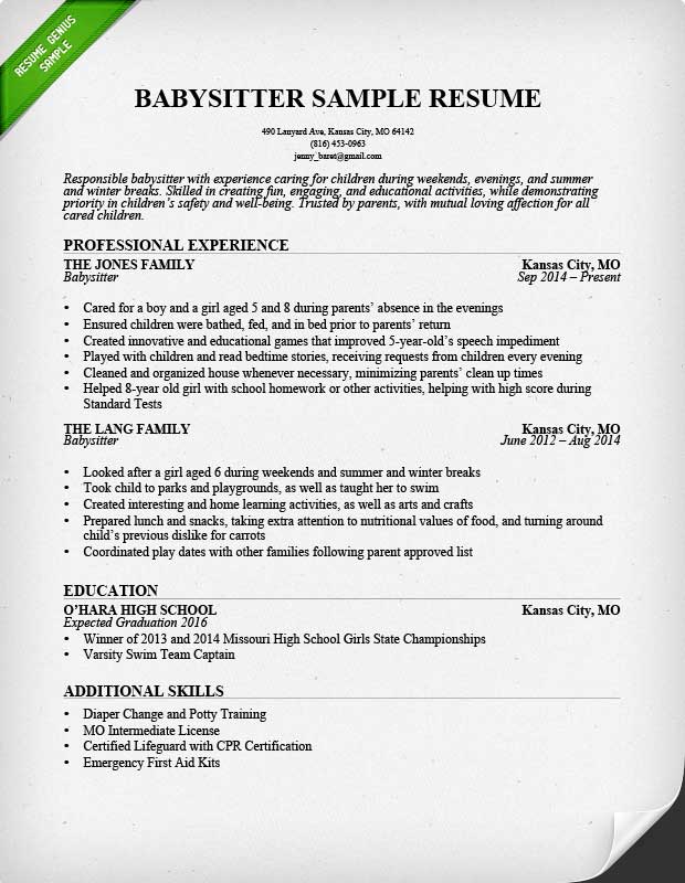 Sample Resume Babysitter Job Description