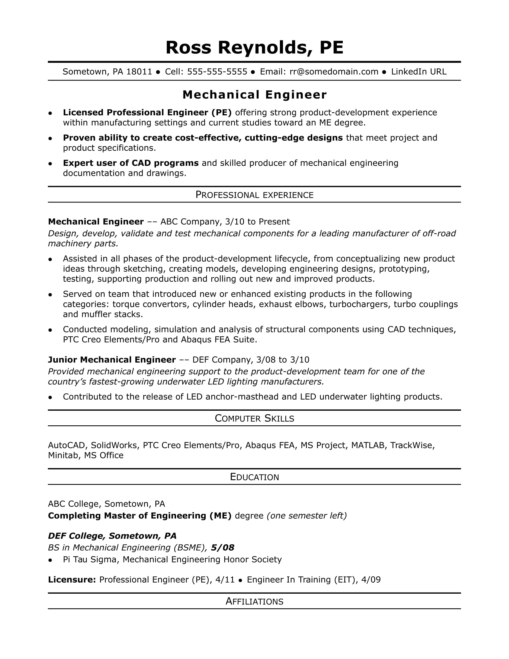 Sample Resume for a Midlevel Mechanical Engineer