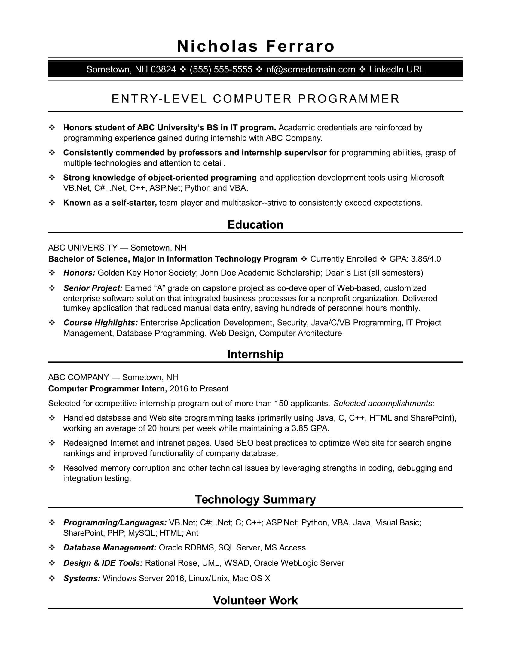 Sample Resume For An Entry