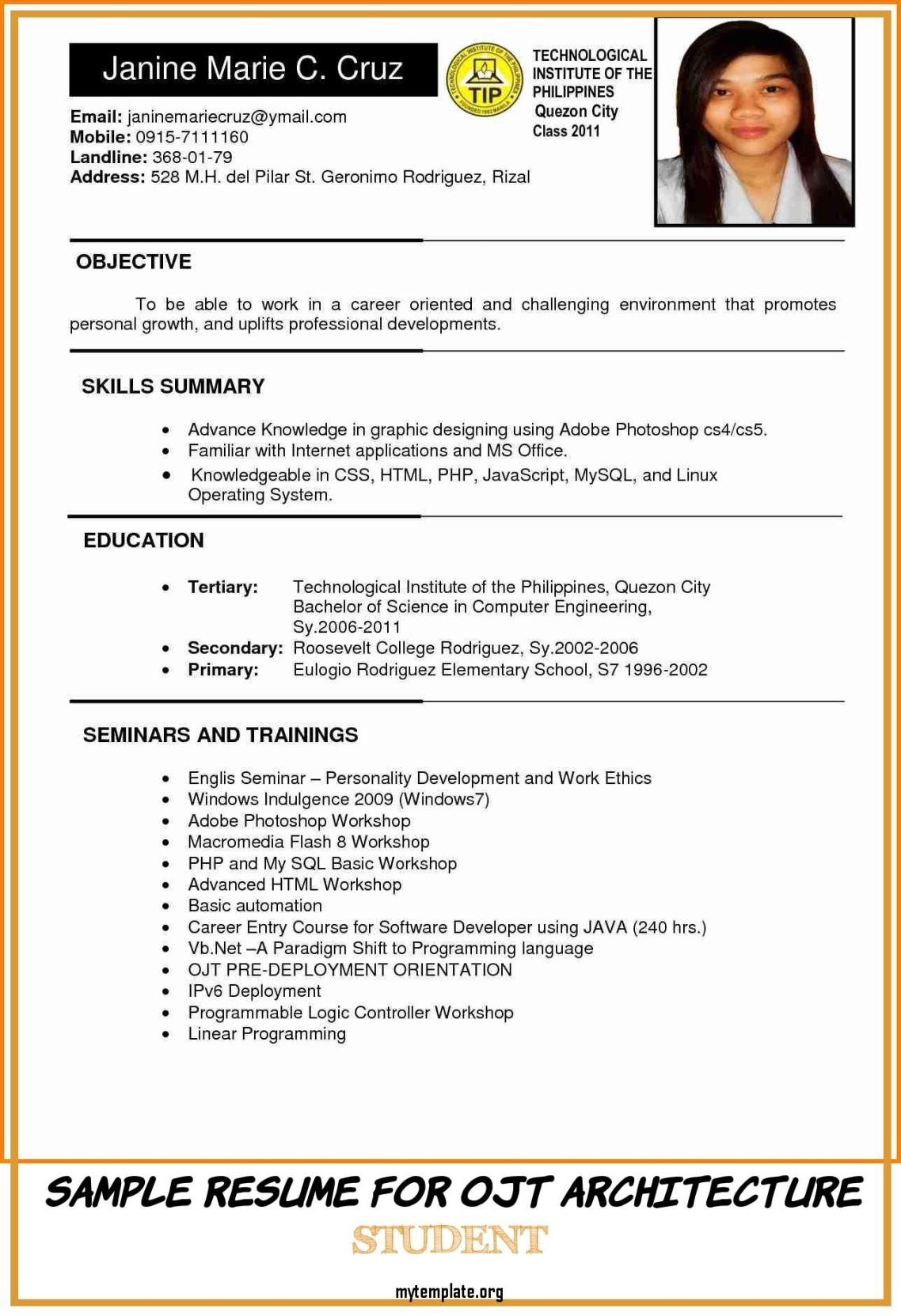 Sample Resume for Ojt Architecture Student Of Resume ...