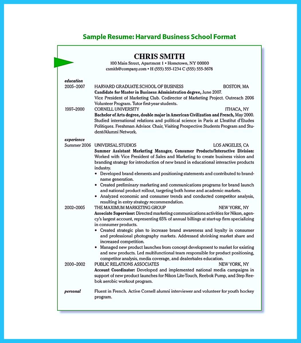 Sample resume harvard business school format