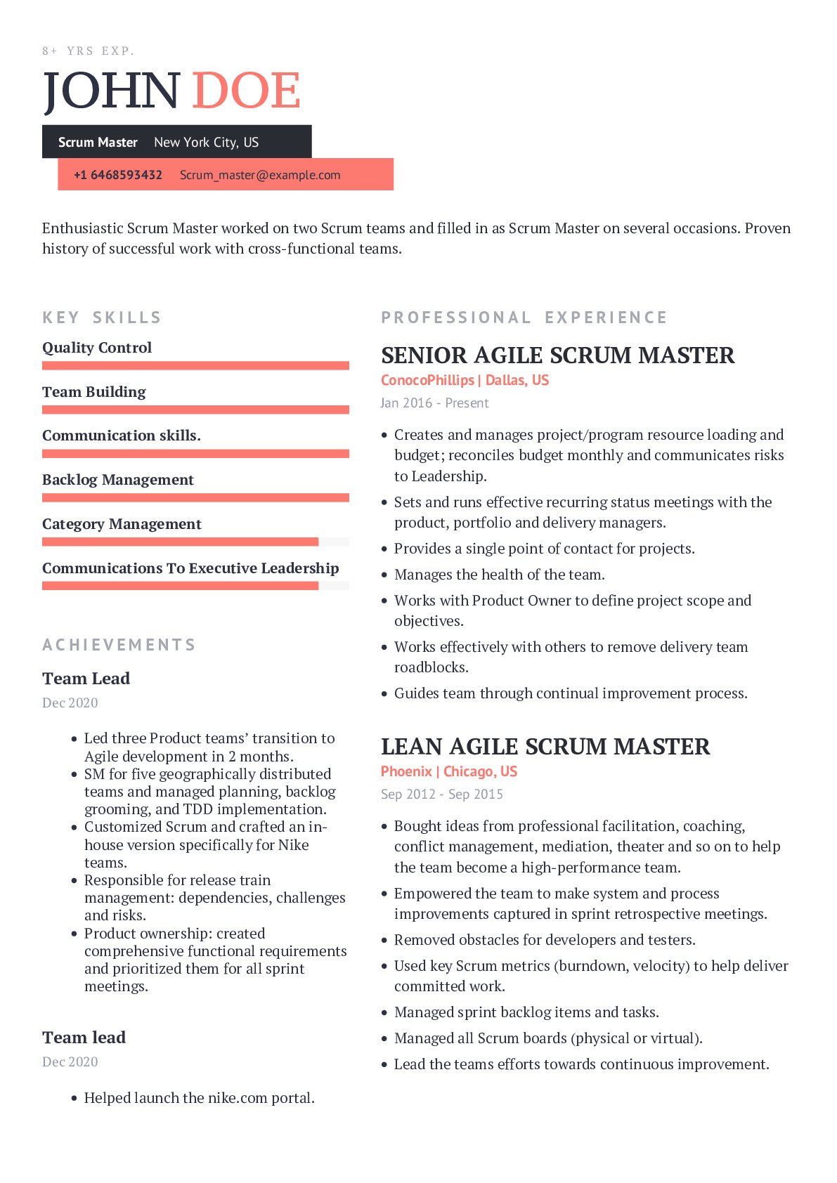 Scrum Master Resume Example With Content Sample