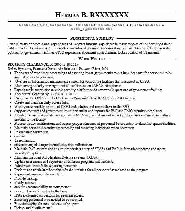 SECURITY CLEARANCE Resume Example Company Name
