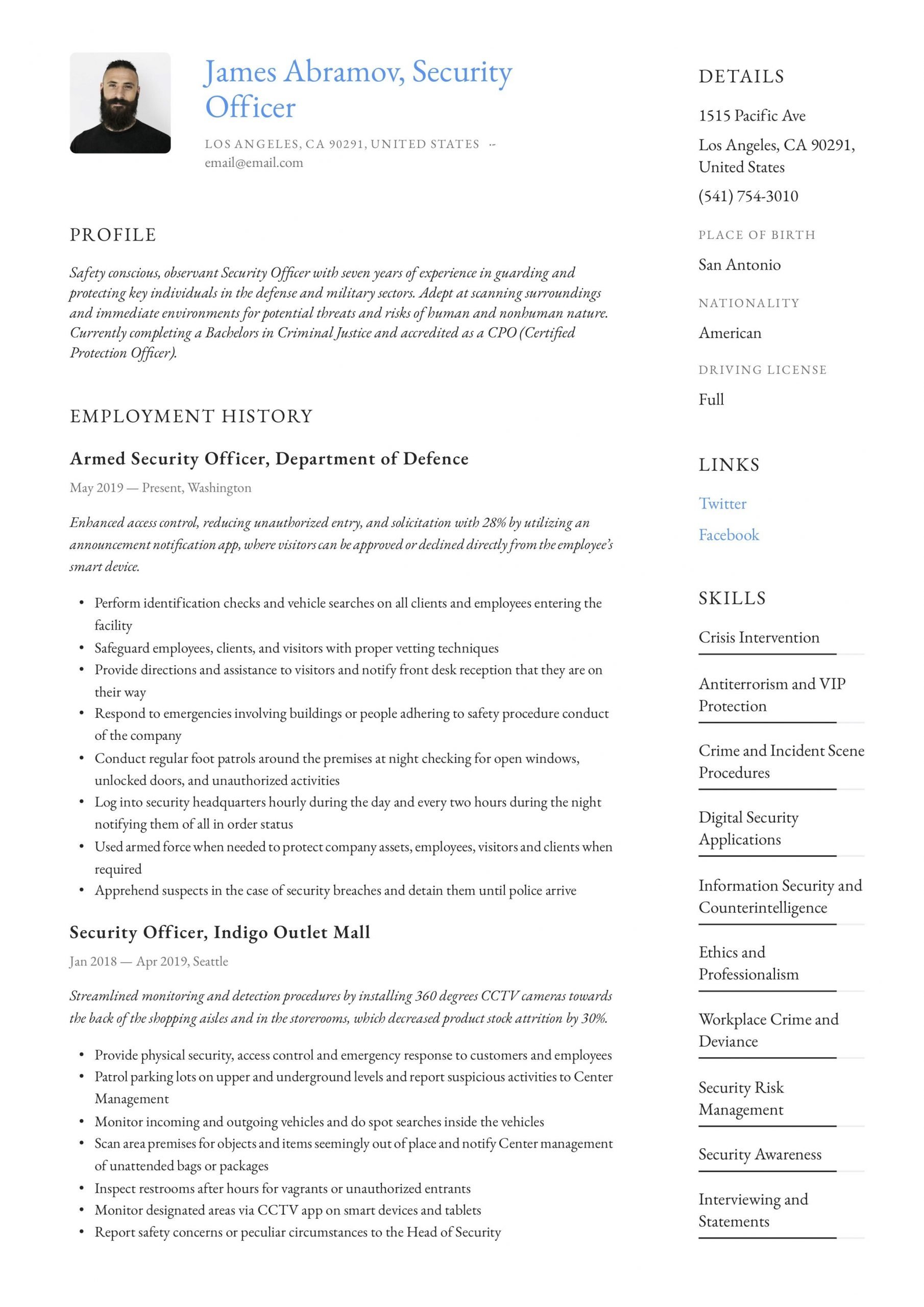 Security Officer Resume Example