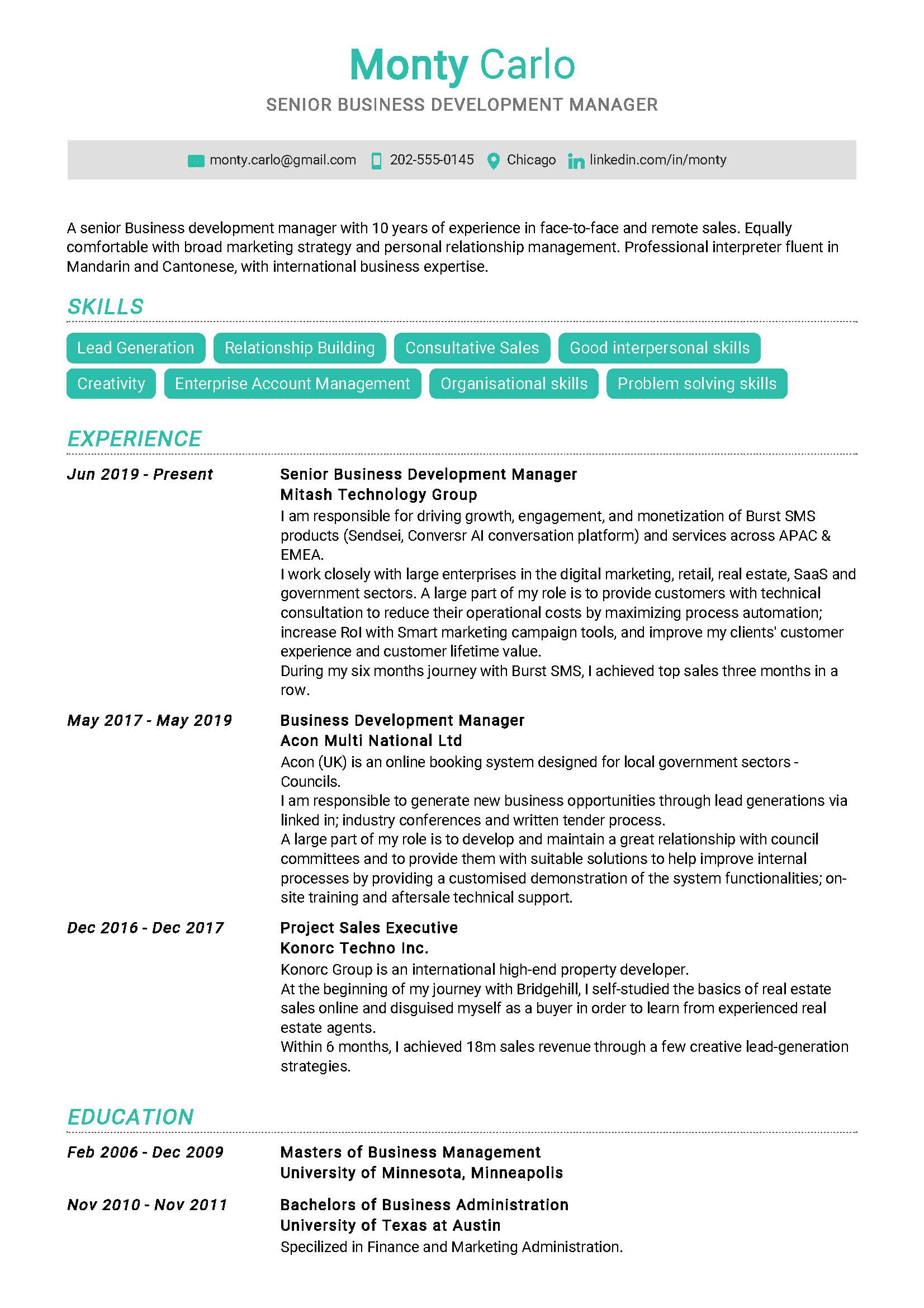 Senior Business Development Manager Resume Example in Year 2020