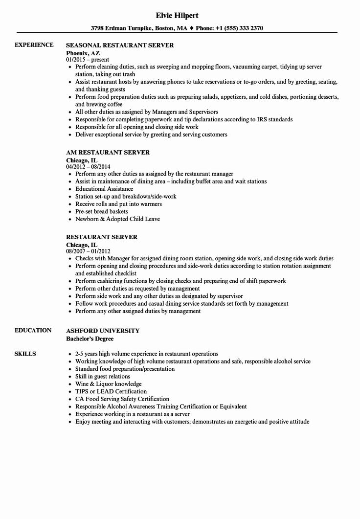 Server Job Description Resume Inspirational Restaurant Server Resume ...