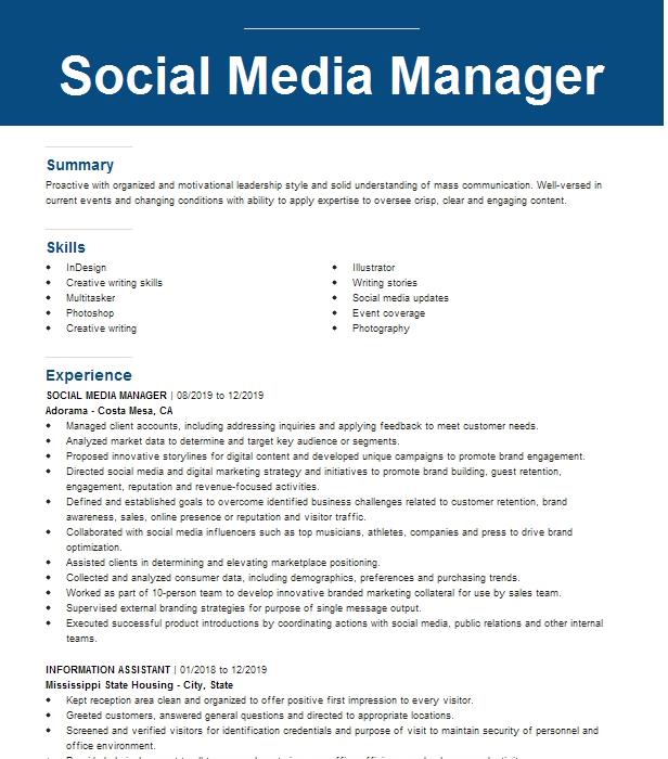 Social Media Manager Resume Example Company Name