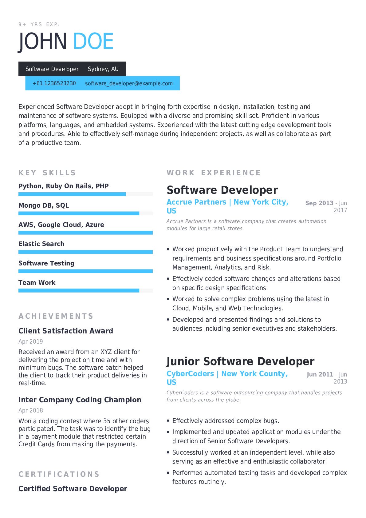 Software Developer Resume Example with Pre