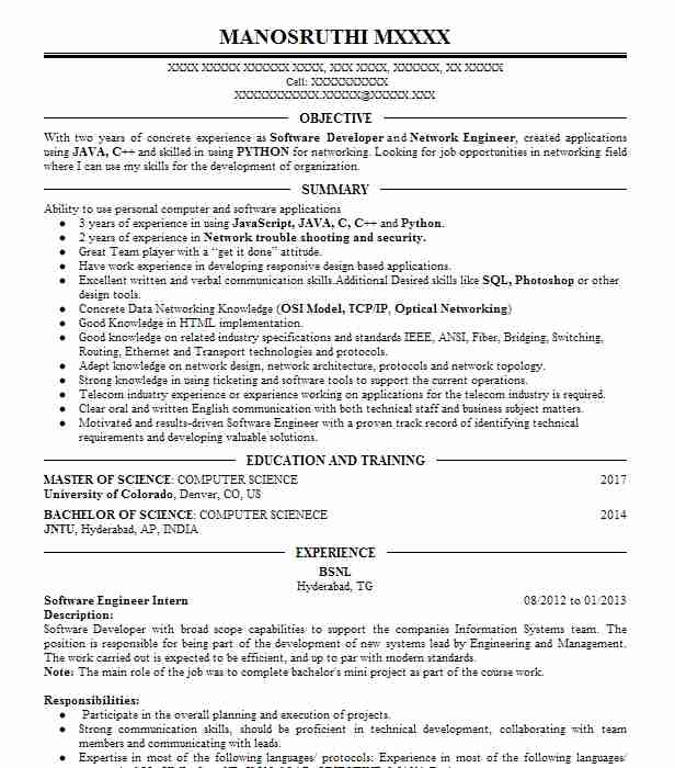 Software Engineer Intern Resume Example Company Name