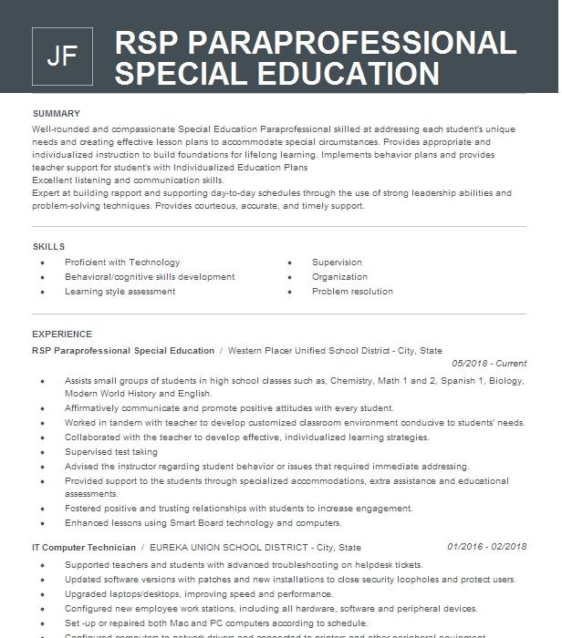 Special Education Paraprofessional Resume Example Virginia Beach City ...