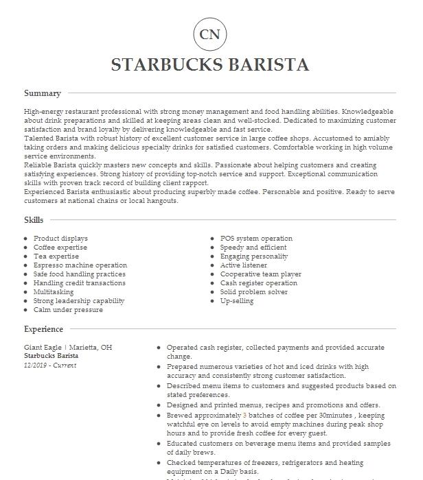 Starbucks Barista/ Cashier Resume Example Company Name