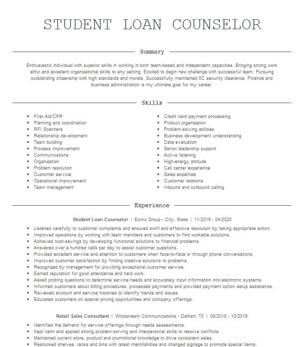 Student Loan Collector Resume Example Company Name