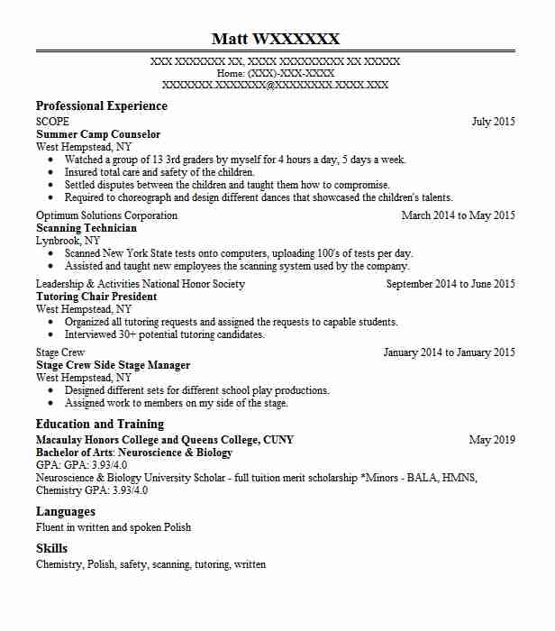Summer Camp Counselor Resume Sample