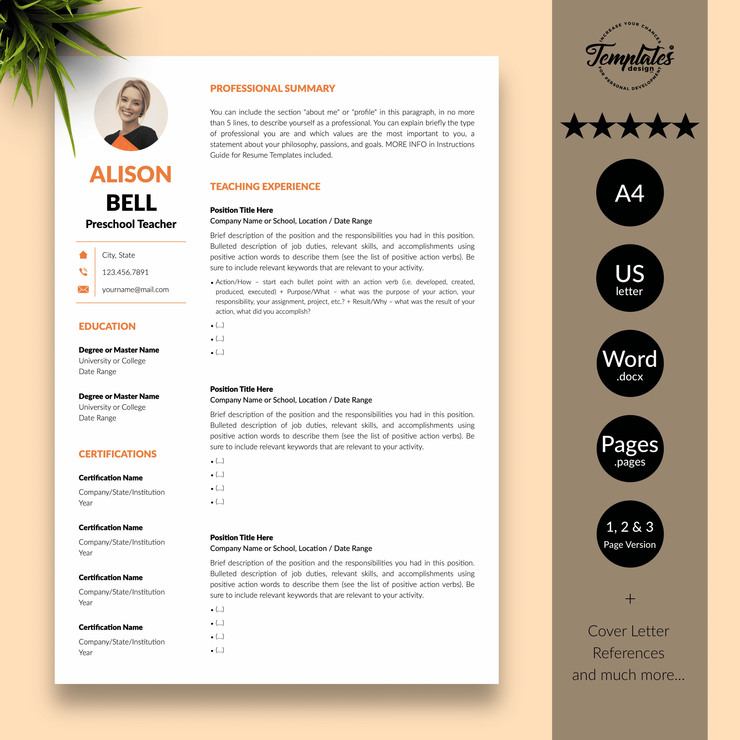 Teacher Resume CV Template for Microsoft Word &  Apple Pages