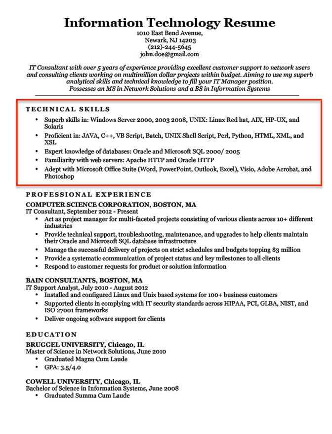 technical skills section for an IT resume