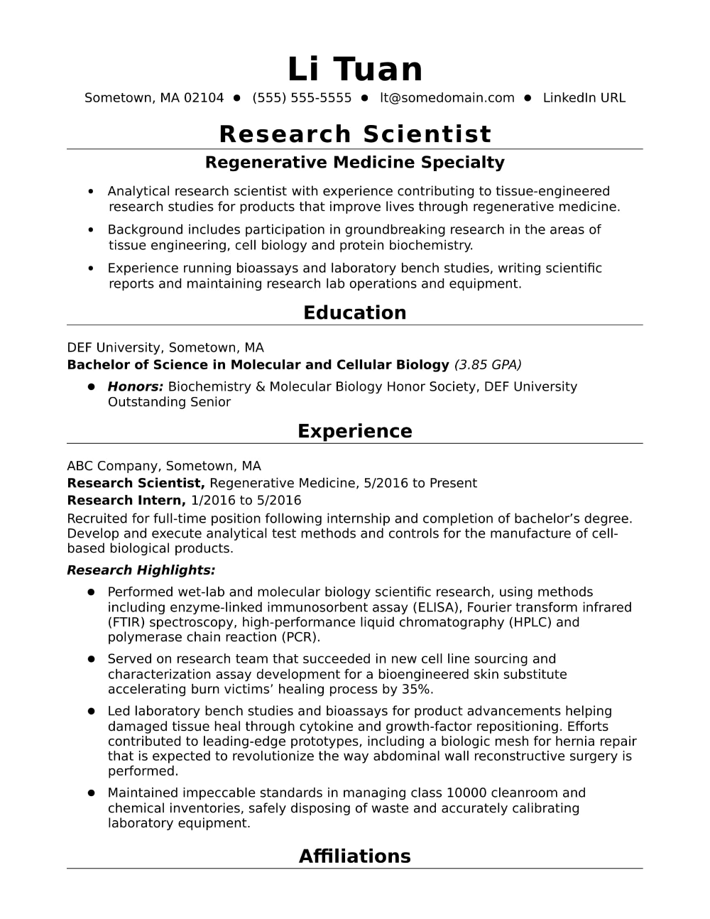 This sample resume for an entry