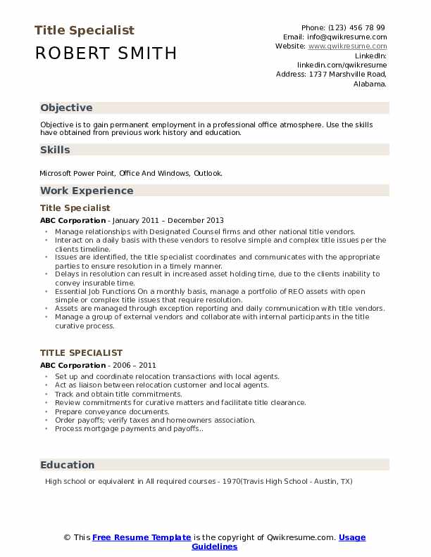 Title Specialist Resume Samples