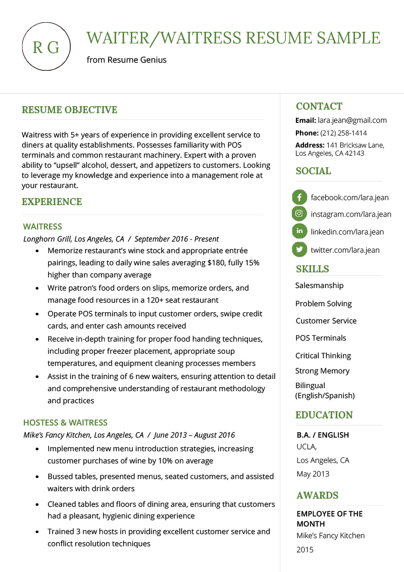 Waiter / Waitress Resume Example &  Writing Tips