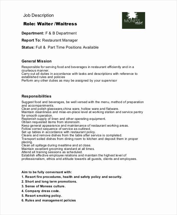 Waitress Job Description Resume Luxury 6 Waitress Job Descriptions Free ...