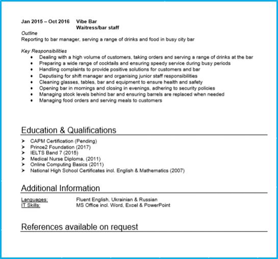 Waitress or Waiter CV example with writing guide and CV template in ...