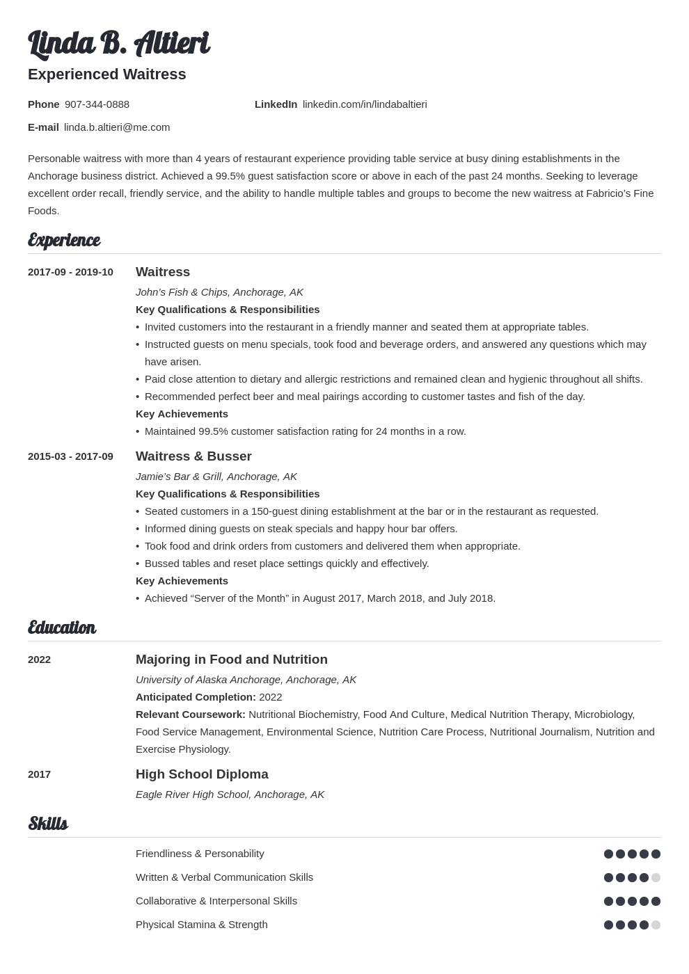 Waitress Resume Examples &  Writing Guide [+Skills Template]