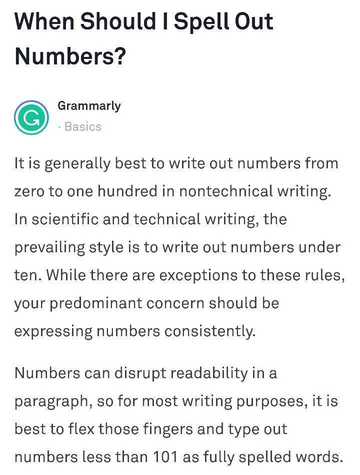 When to spell out numbers via Grammarly. https://www ...