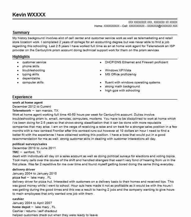 Work At Home Agent Resume Example