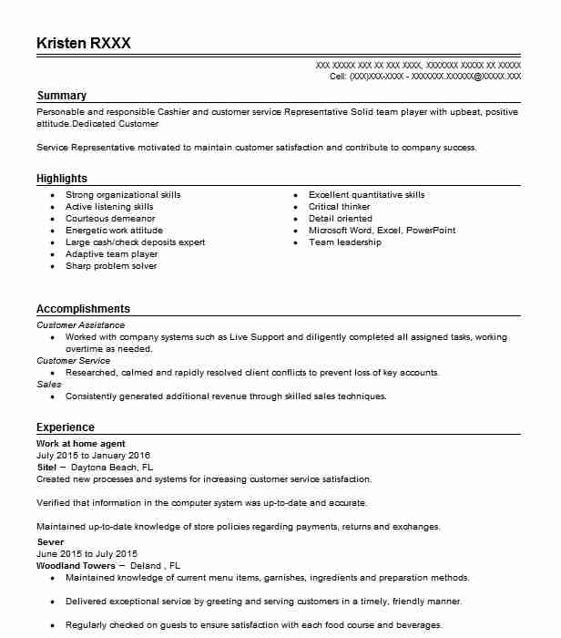 Work At Home Agent Resume Sample