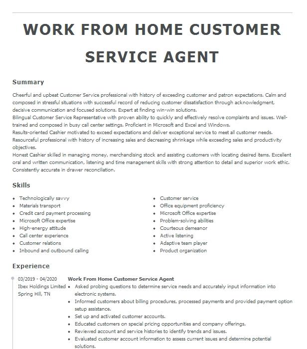 Work From Home Customer Service Agent Resume Example Alorica